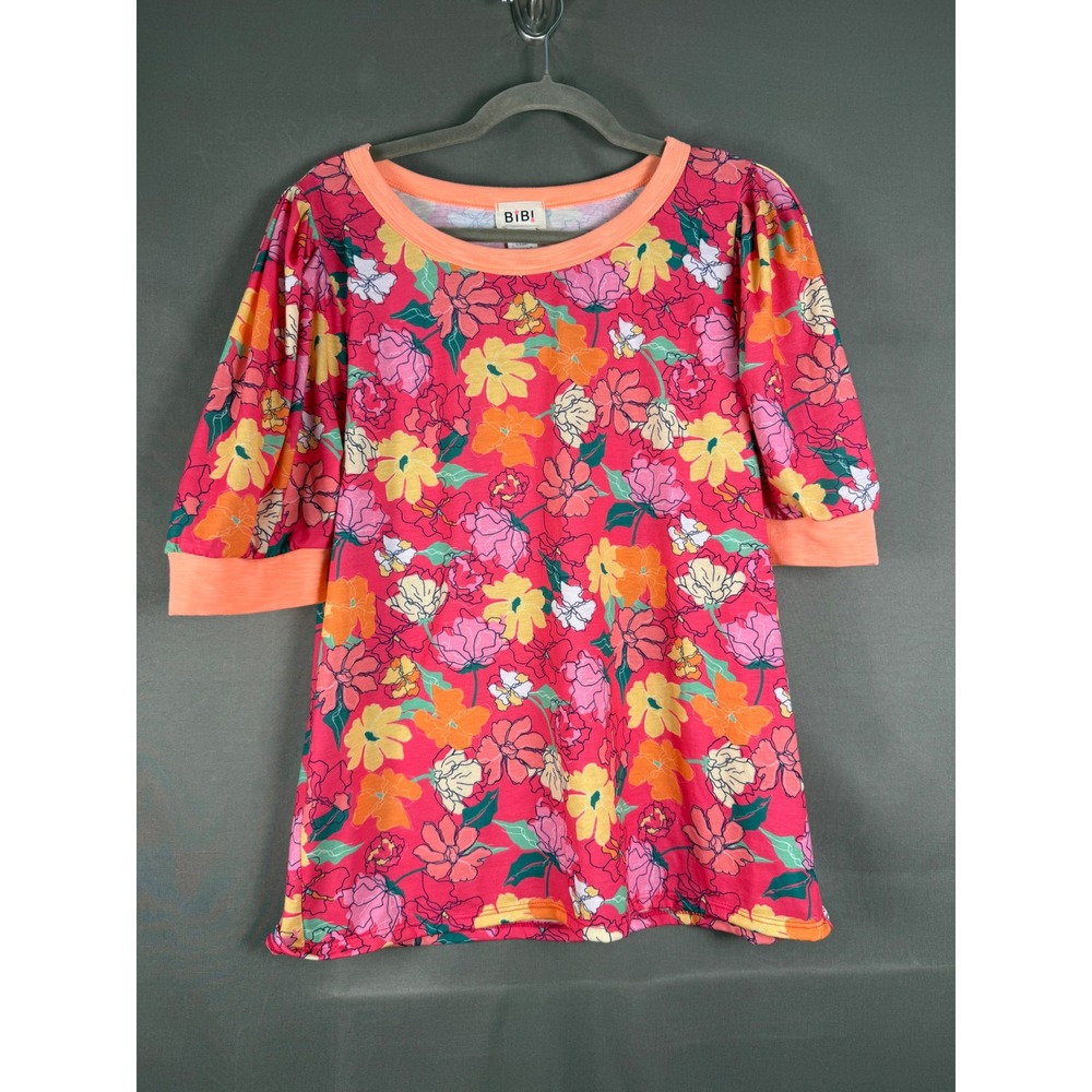 BiBi Floral Puff Sleeve Top Womens Large Pink Orange Yellow Crew Neck BT3459S-14